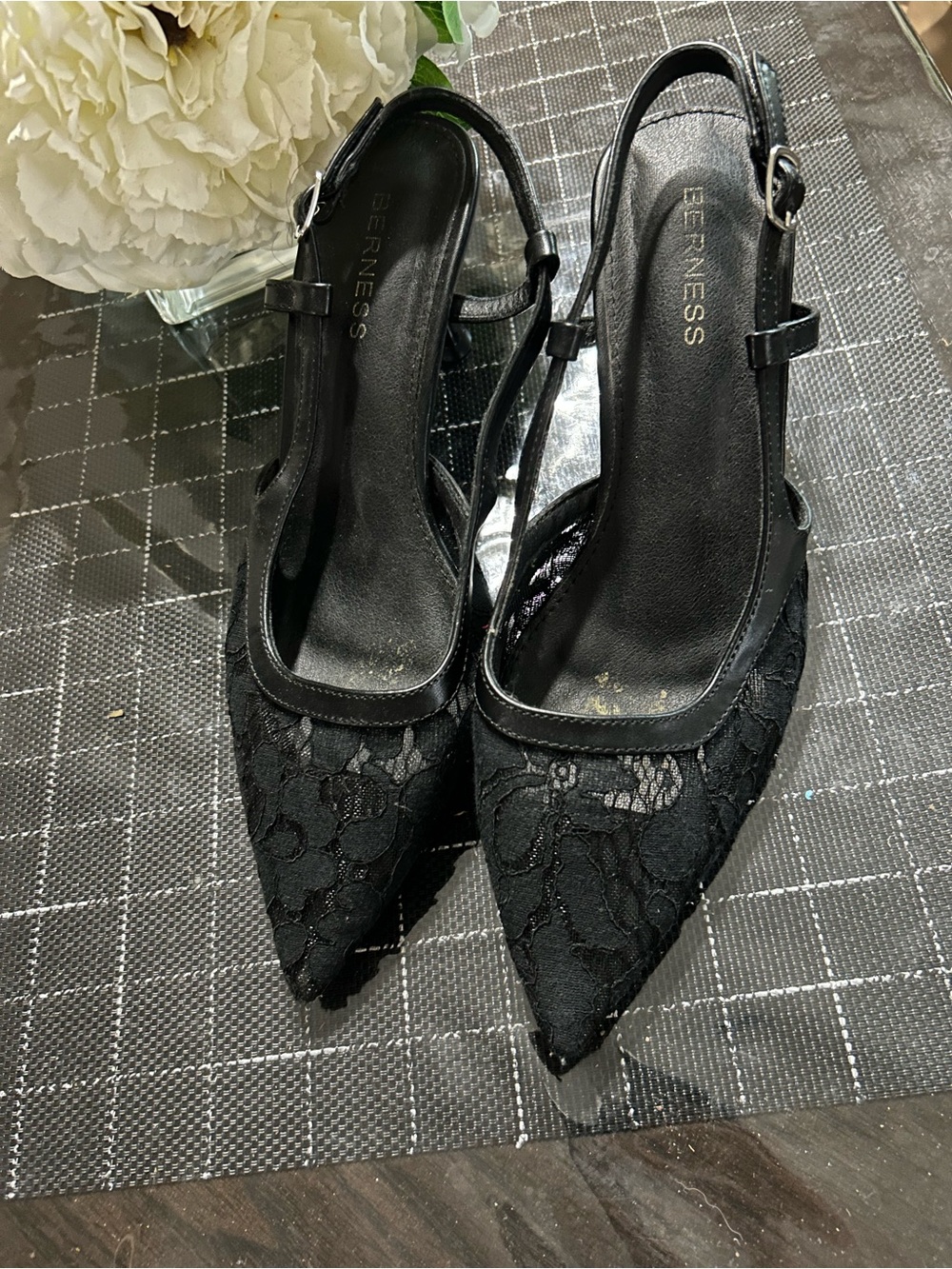 BERNESS Black Lace Pointed Slingback Heels